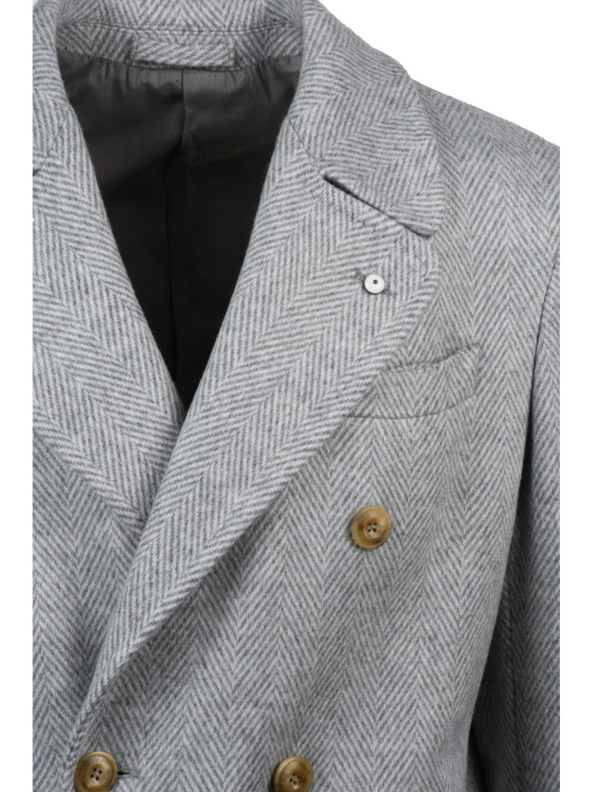 L.B.M. 1911 Double-Breasted Herringbone Coat With Notched Lapel And Button Accents