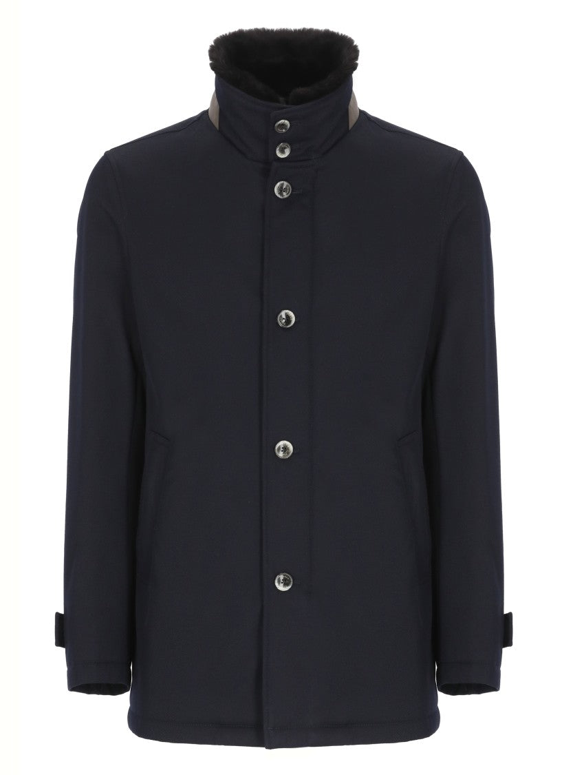 Herno Structured Blue Virgin Wool Coat With Plush Fur Collar