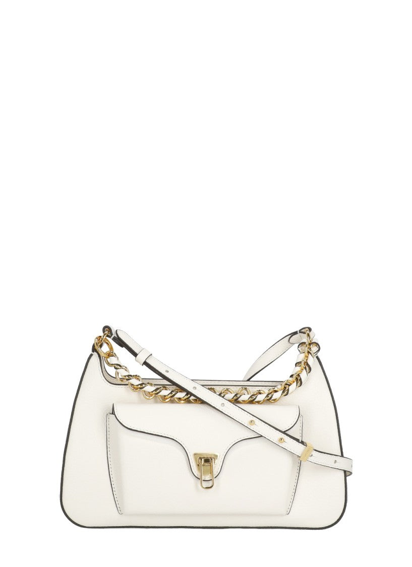 Coccinelle Ivory Leather Shoulder Bag With Gold-Tone Accents