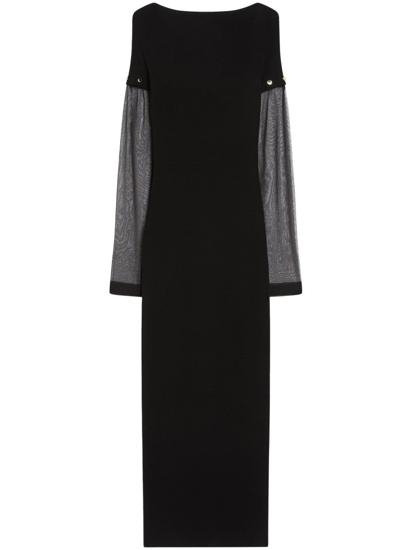 Max Mara Fitted Black Midi Dress With Sheer Sleeves And Decorative Buttons