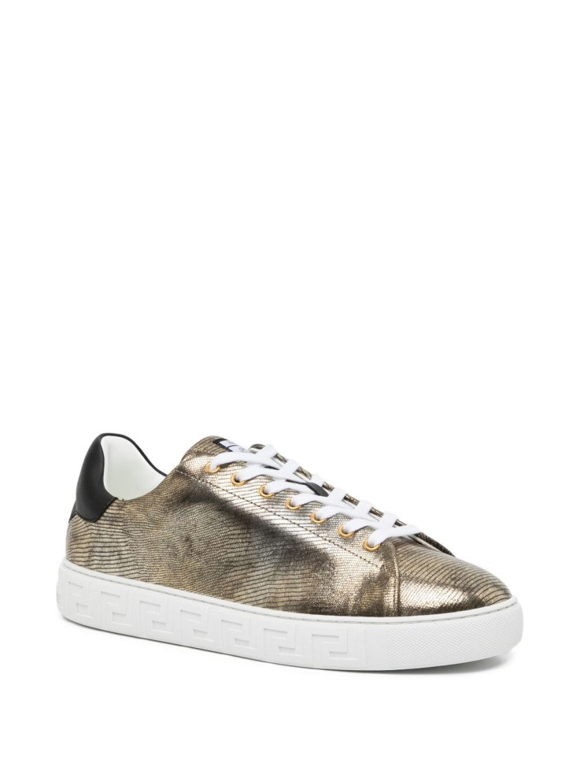 Versace Textured Metallic Sneakers With Silk And Nylon Blend