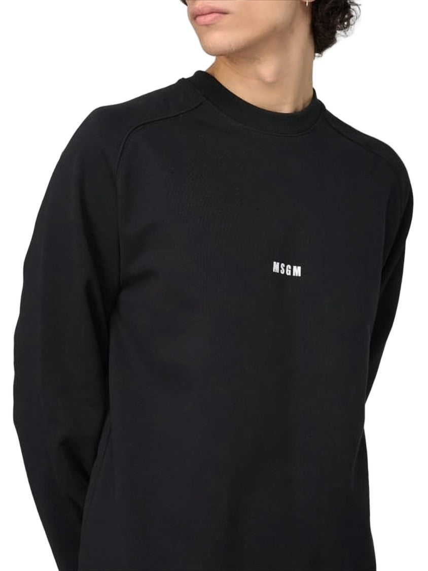 Msgm Minimalist Black Crewneck Sweatshirt With Centered Logo