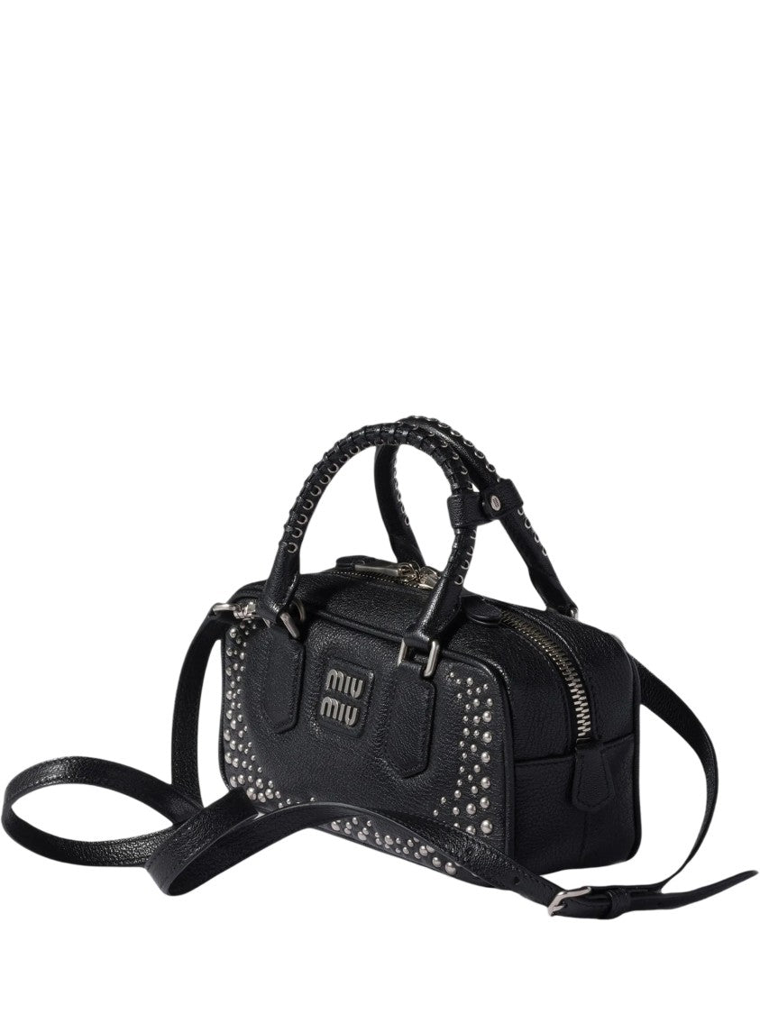 Miu Miu Textured Black Goat Skin Shoulder Bag With Shiny Metal Studs