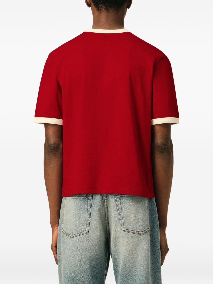 Ami Paris Cropped T-Shirt With Red Body And Off-White Ribbed Trims