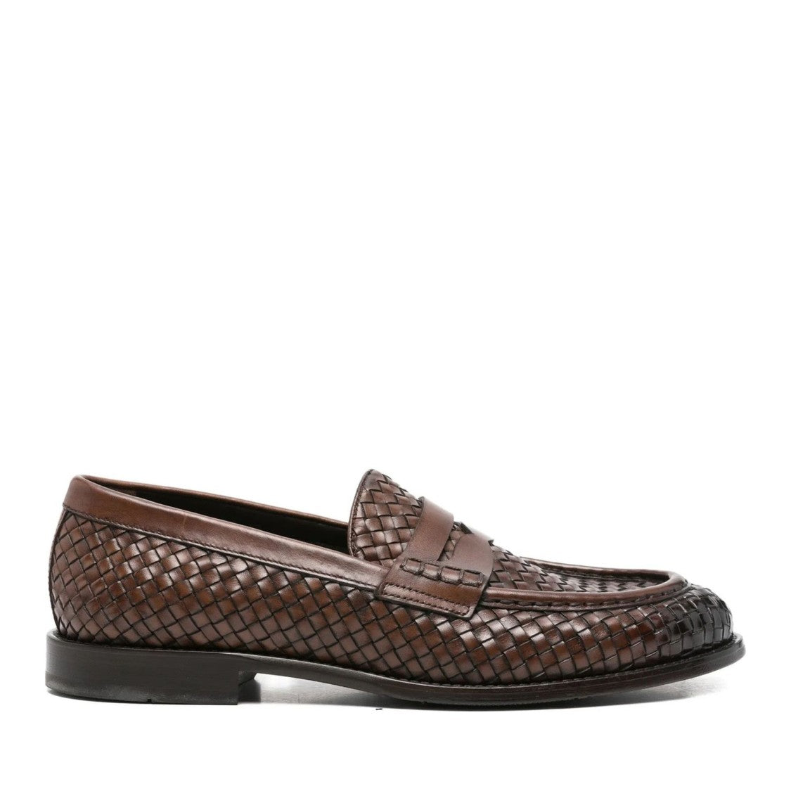 John Harrison Brown Woven Leather Penny Strap Loafers