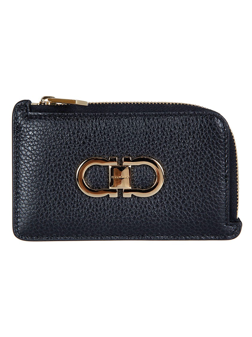 Ferragamo Compact Textured Calf Leather Wallet With Gold Clasp