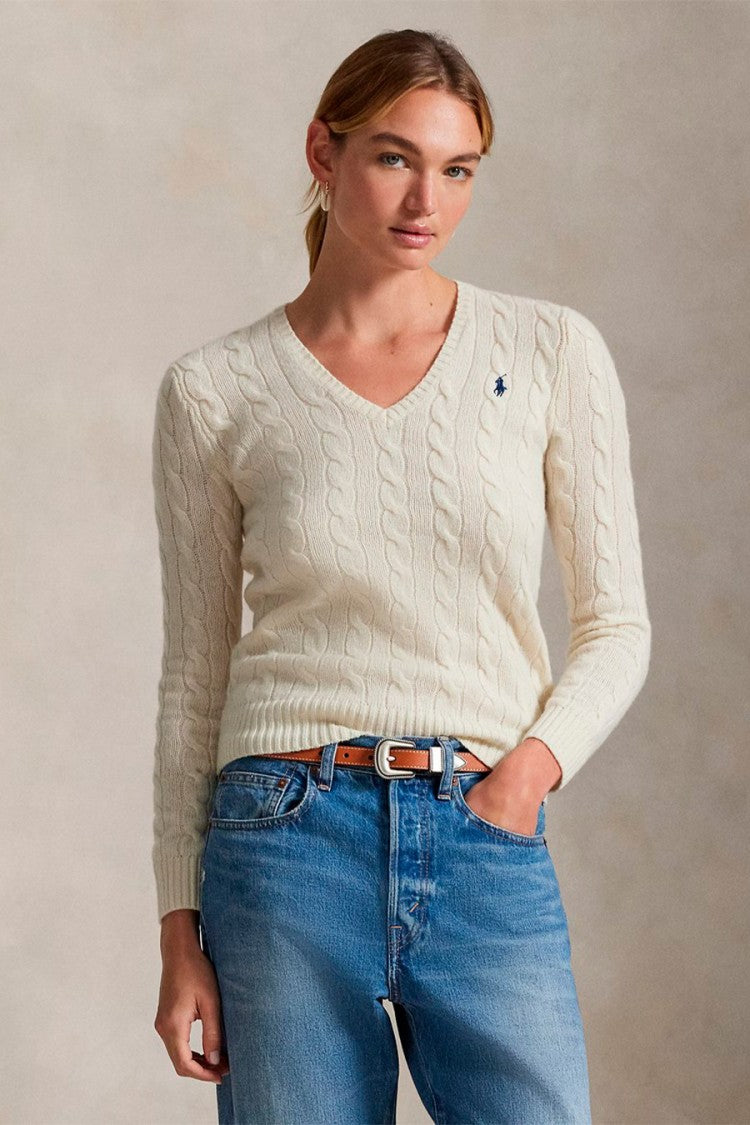 Polo Ralph Lauren Cream Wool-Cashmere Blend V-Neck Cable-Knit Sweater