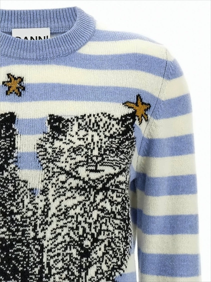 Ganni Horizontal Striped Knit Sweater With Playful Cat Graphic