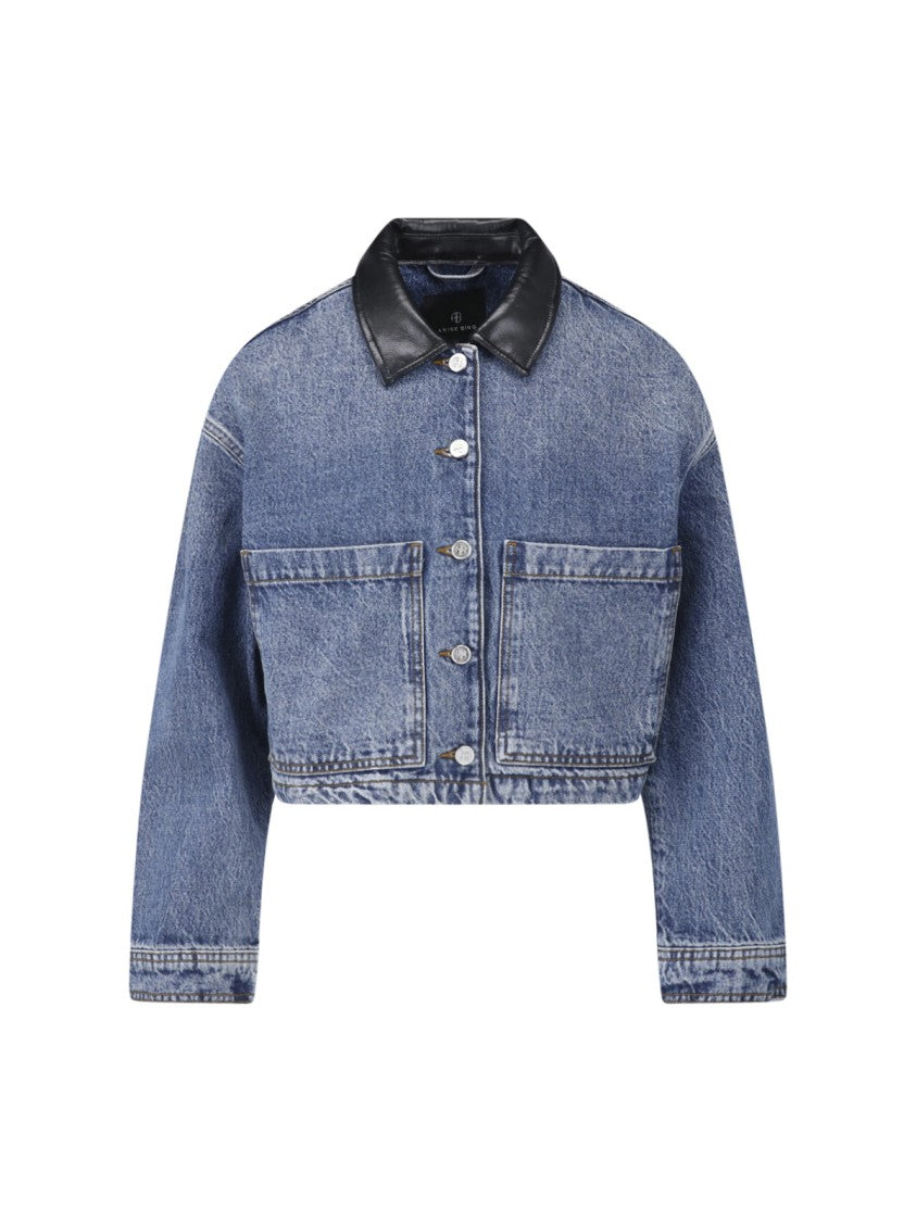 Anine Bing Cropped Blue Denim Jacket With Black Leather Collar