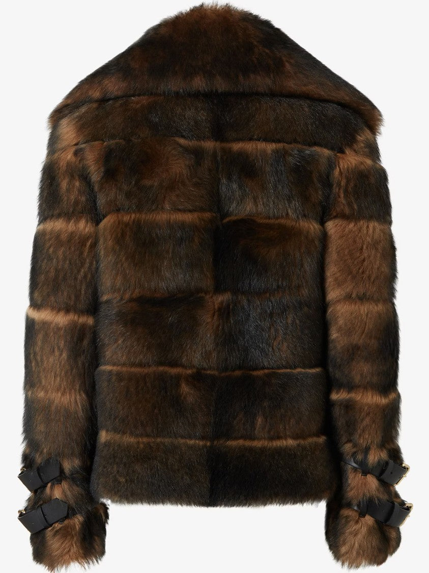 Fendi Structured Dark Brown Shearling Jacket With Buckle Details