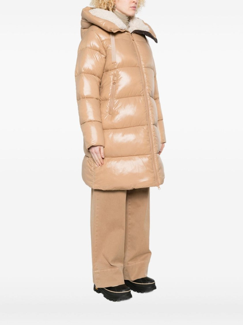 Save The Duck Beige Shiny Puffer Coat With Quilted Design