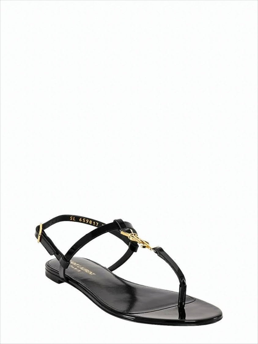 Saint Laurent Minimalist Black Calfskin Sandals With Gold-Tone Logo