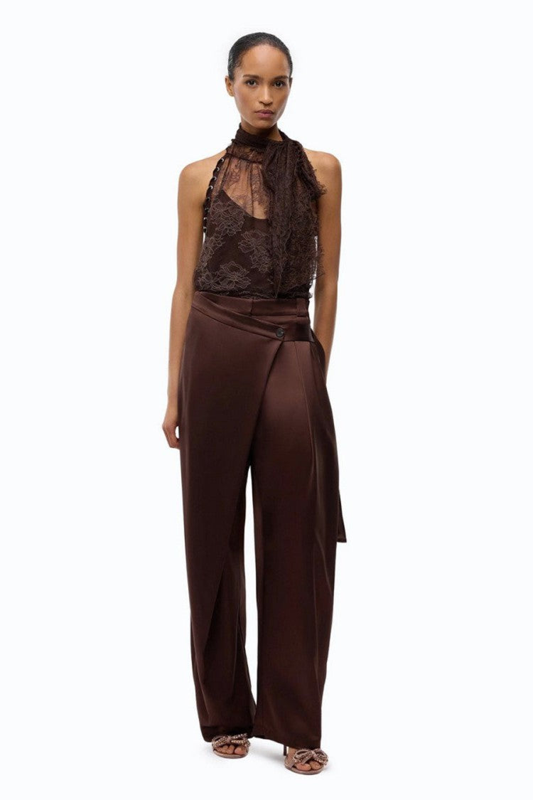 Pinko Brown Nylon Lace Cowl-Neck Top