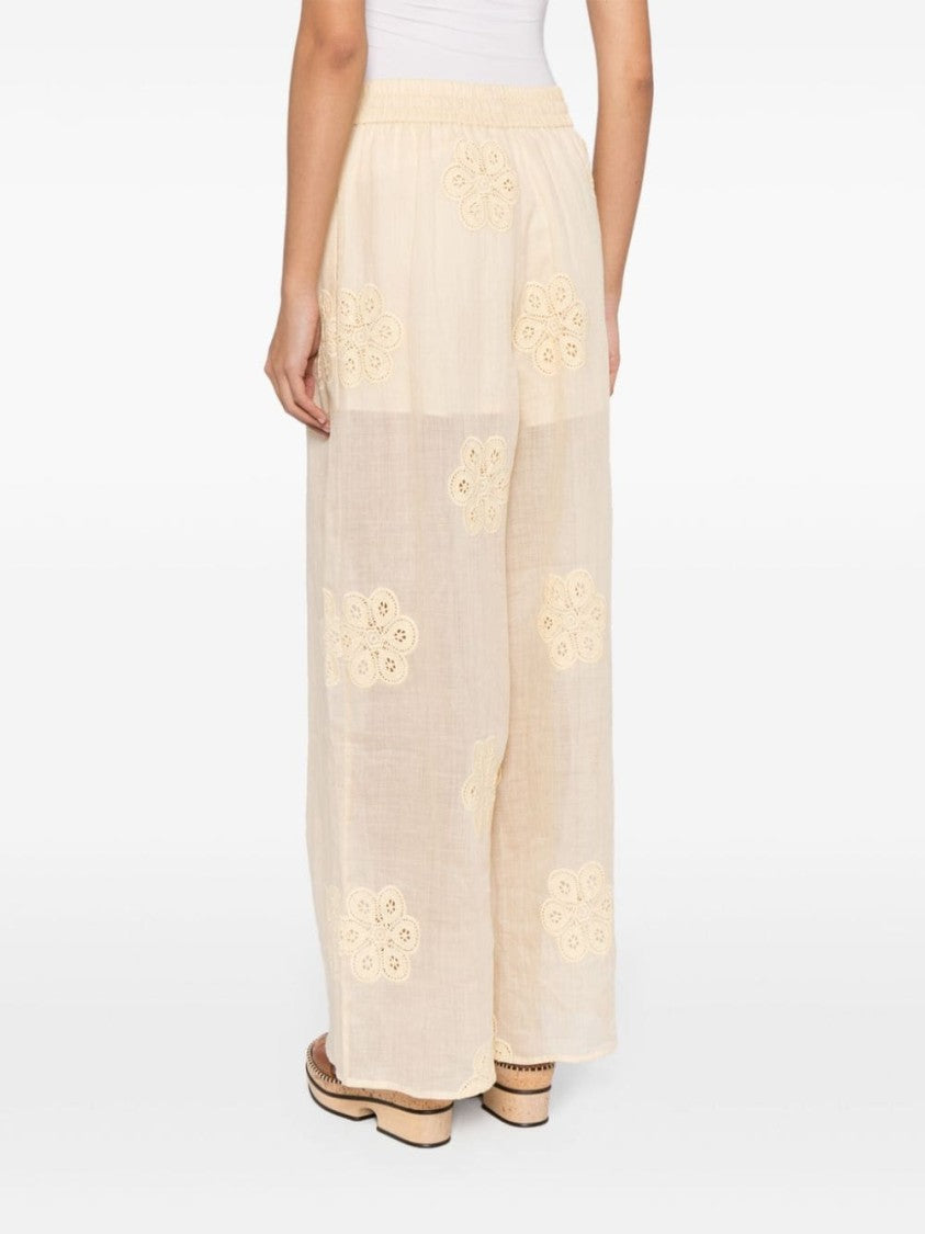 Zimmermann Acadian Floral-Embroidered Ramie Trousers