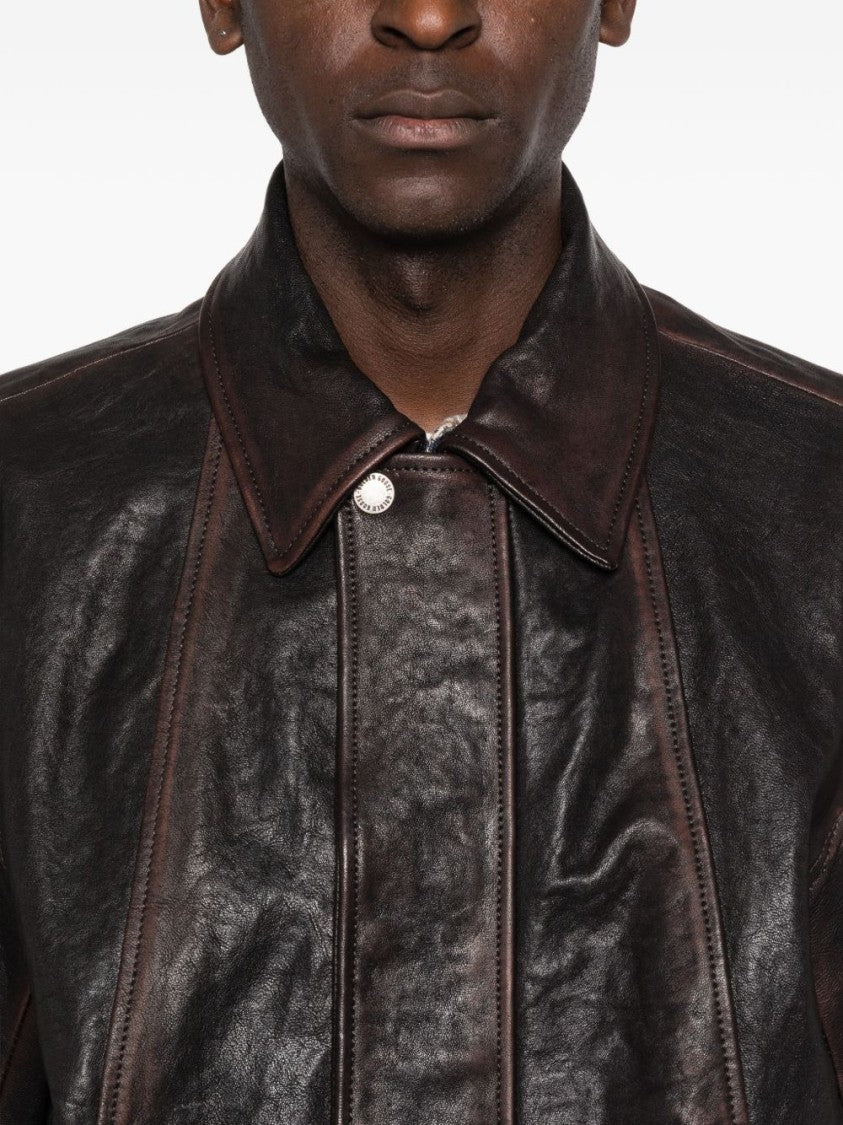 Golden Goose Structured Brown Sheep Leather Jacket With Classic Collar