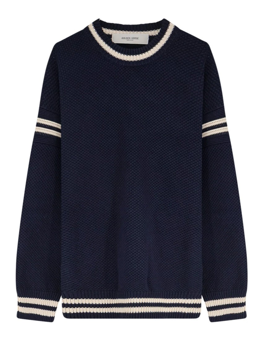 Golden Goose Navy Distressed Logo Textured Striped Sweater