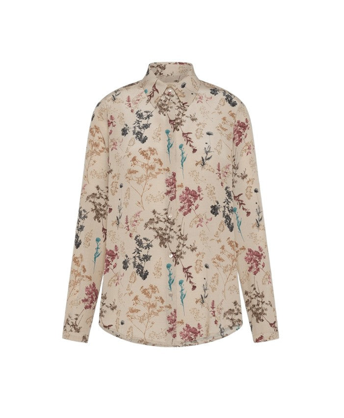 Momonì Floral Print Long-Sleeve Beige Shirt With Classic Collar