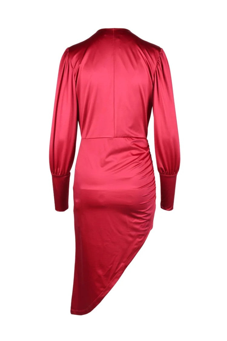 Feminista Fuchsia Asymmetrical Polyester V-Neck Mini Dress