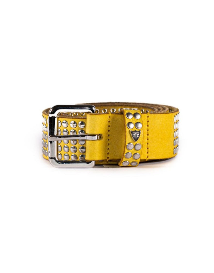 Htc Studded Yellow Leather Belt With Brass Buckle And Logo Rivet