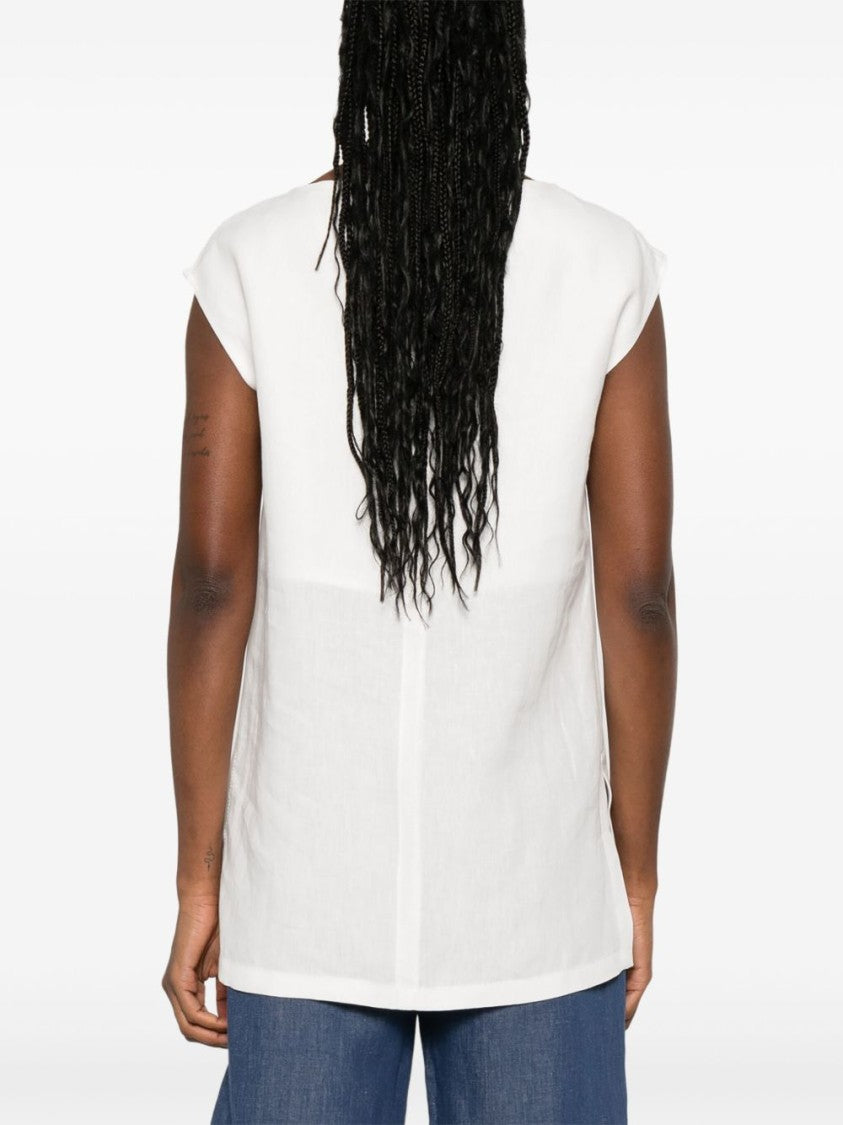 Max Mara Sleeveless White Top With Split Neck Design
