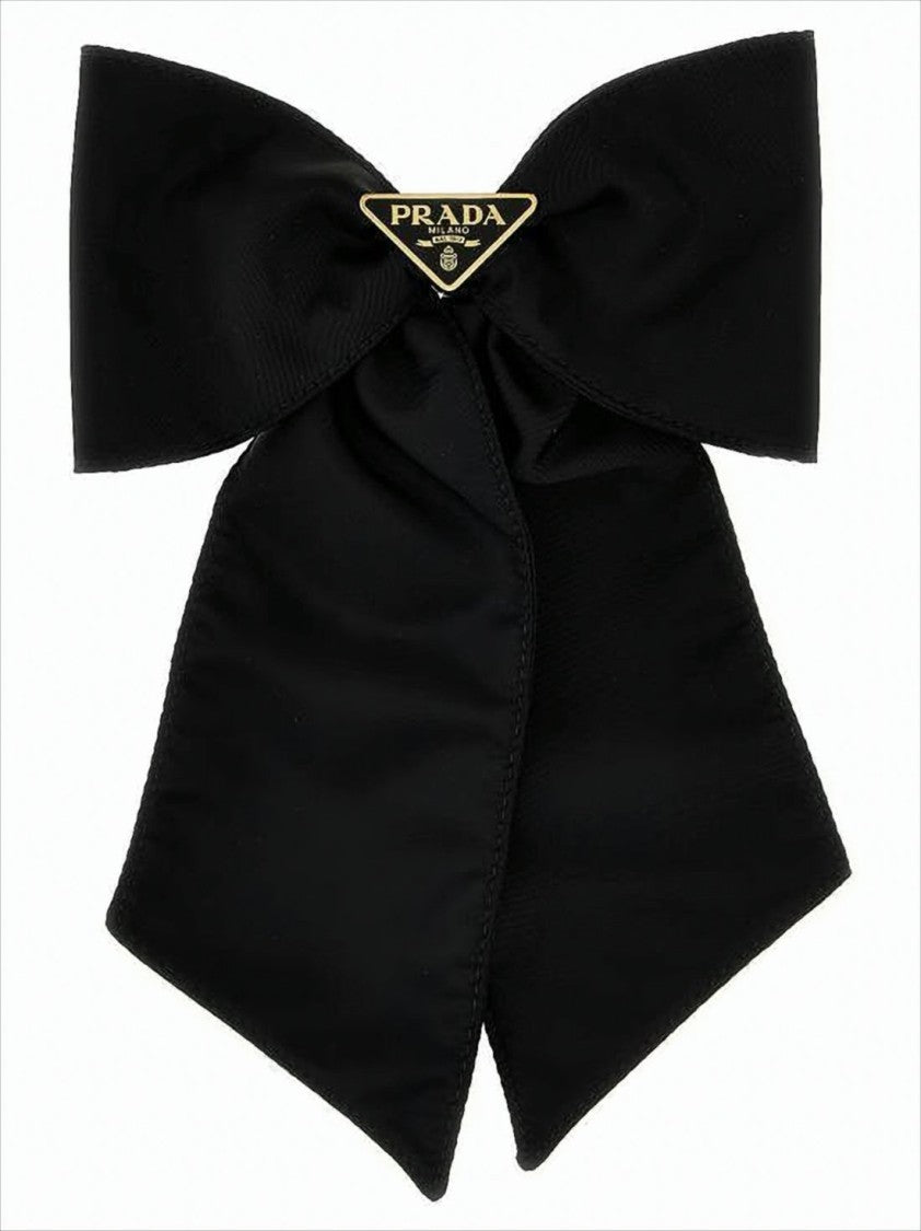 Prada Black Nylon Hair Bow With Triangular Metal Logo
