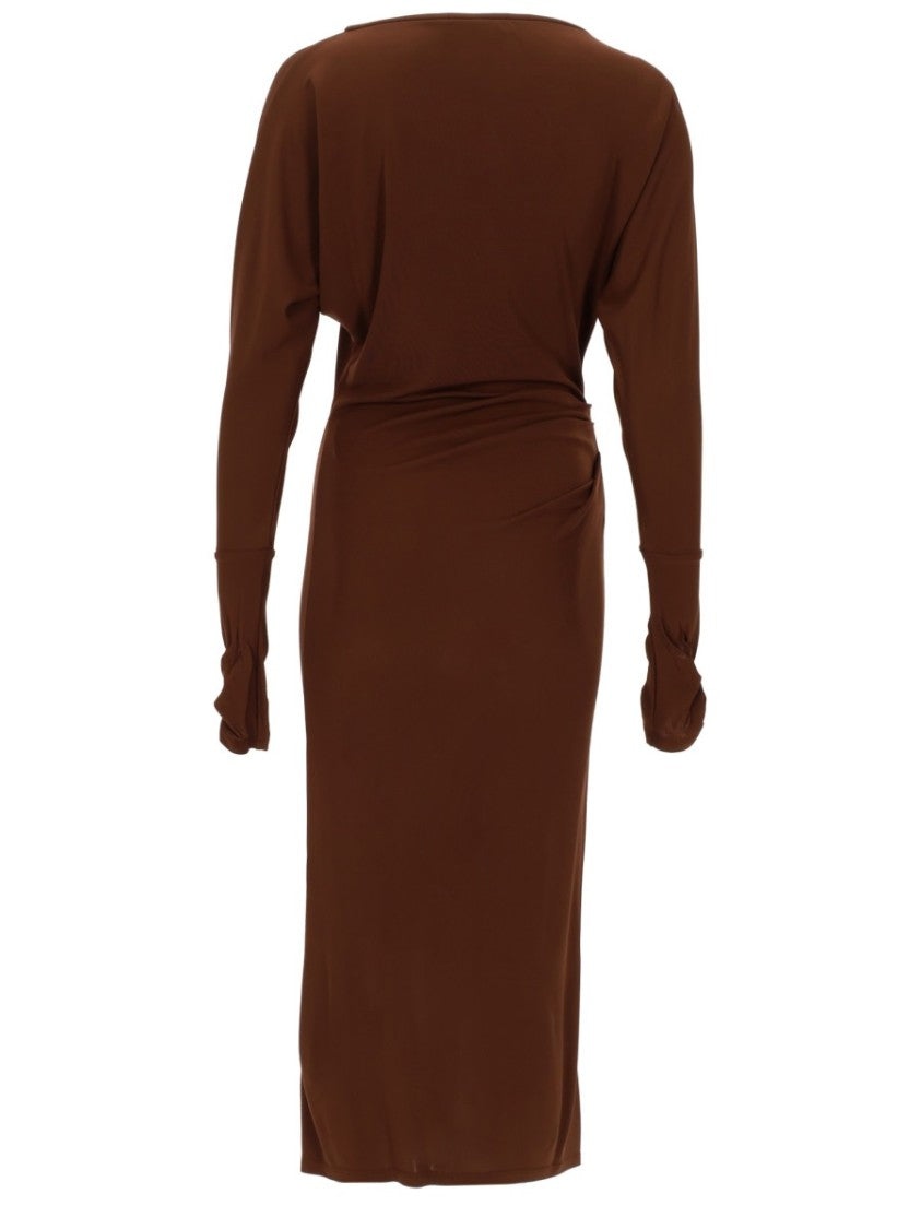 Max Mara Draped Midi Dress With Gathered Cuffs And Gold Accents