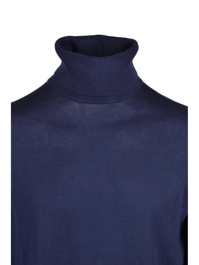 Alpha Studio Navy Blue Cotton Silk Sweater With High Turtleneck And Ribbed Details