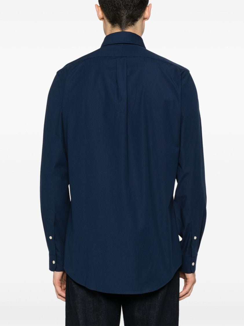 Polo Ralph Lauren Navy Blue Stretch-Cotton Button-Down Shirt With Signature Motif