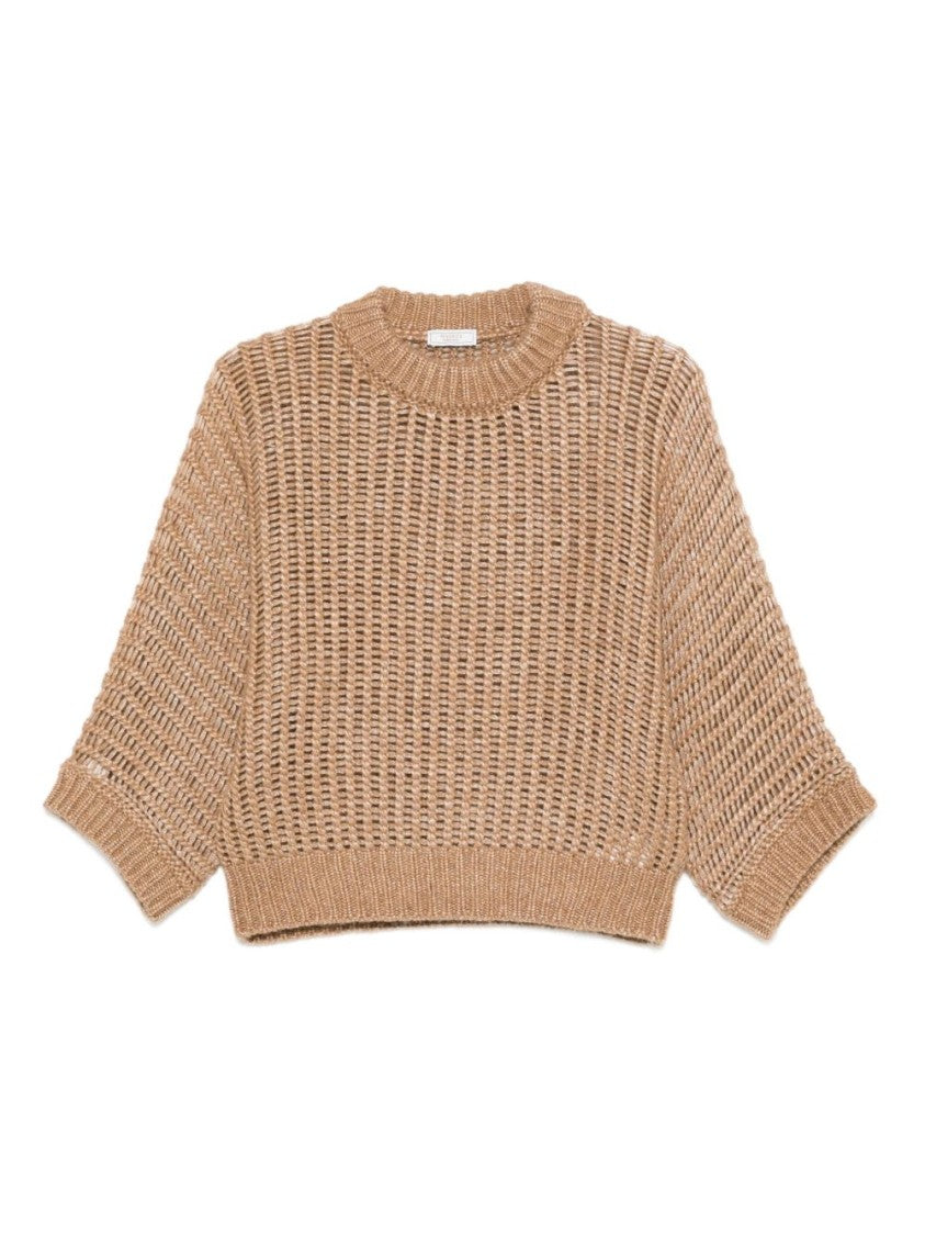 Peserico Boxy Beige Knit Sweater With Open-Weave Design