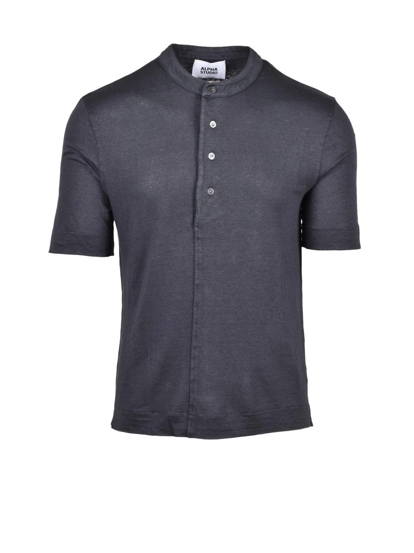 Alpha Studio Linen Elastane T-Shirt With Korean Collar And Minimalist Design