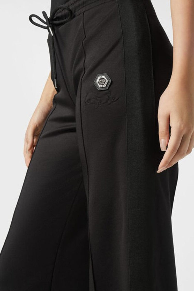 Philipp Plein Black Viscose-Polyester Flared Track Trousers