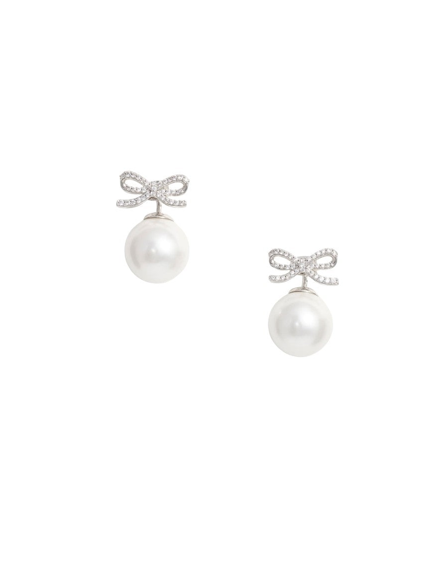 Self-Portrait Brystal Bow Pearl Silver Earrings With Crystal Accents
