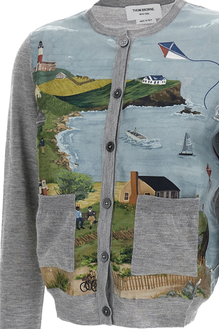 Thom Browne Cropped Cashmere-Silk Cardigan With Scenic Print And Buttoned Cuffs