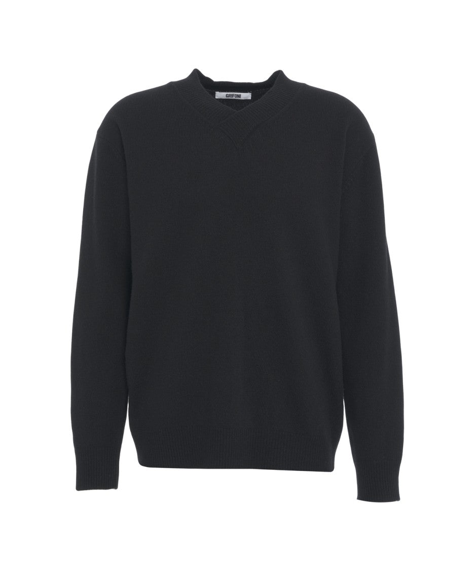 Grifoni V-Neck Knit Sweater In Smooth Cotton