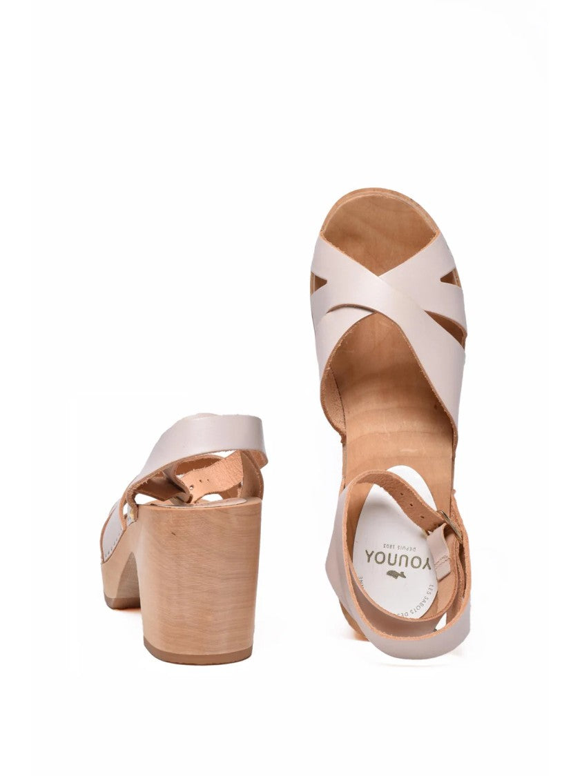 Sabot Youyou White Wooden Block Heel Leather Sandals