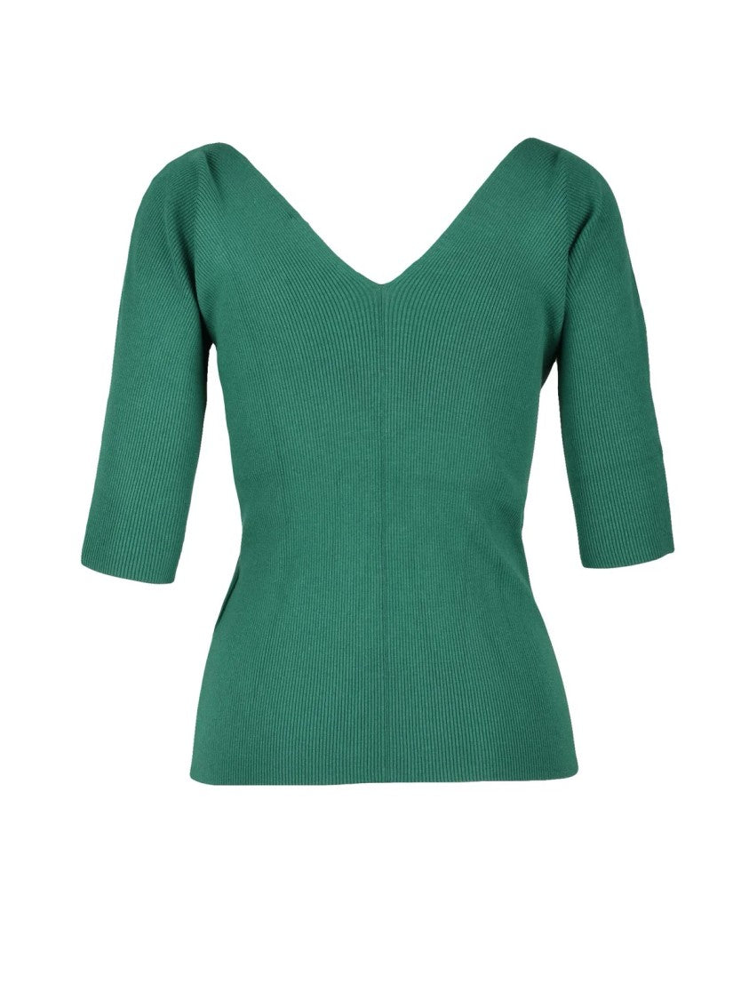 Max Mara Ribbed Deep V-Neck Underlayer Top With Three-Quarter Sleeves