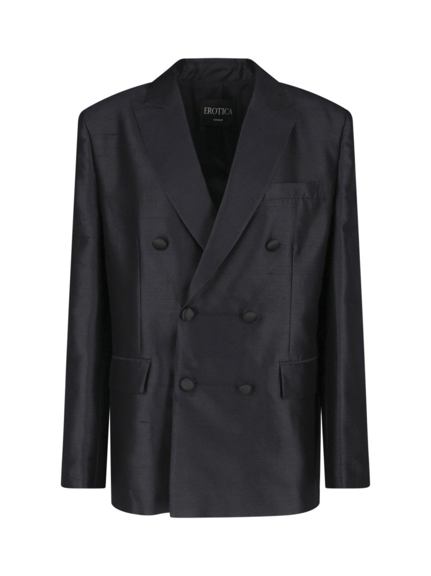 Dondup Black Silk Shantung Double Breasted Blazer