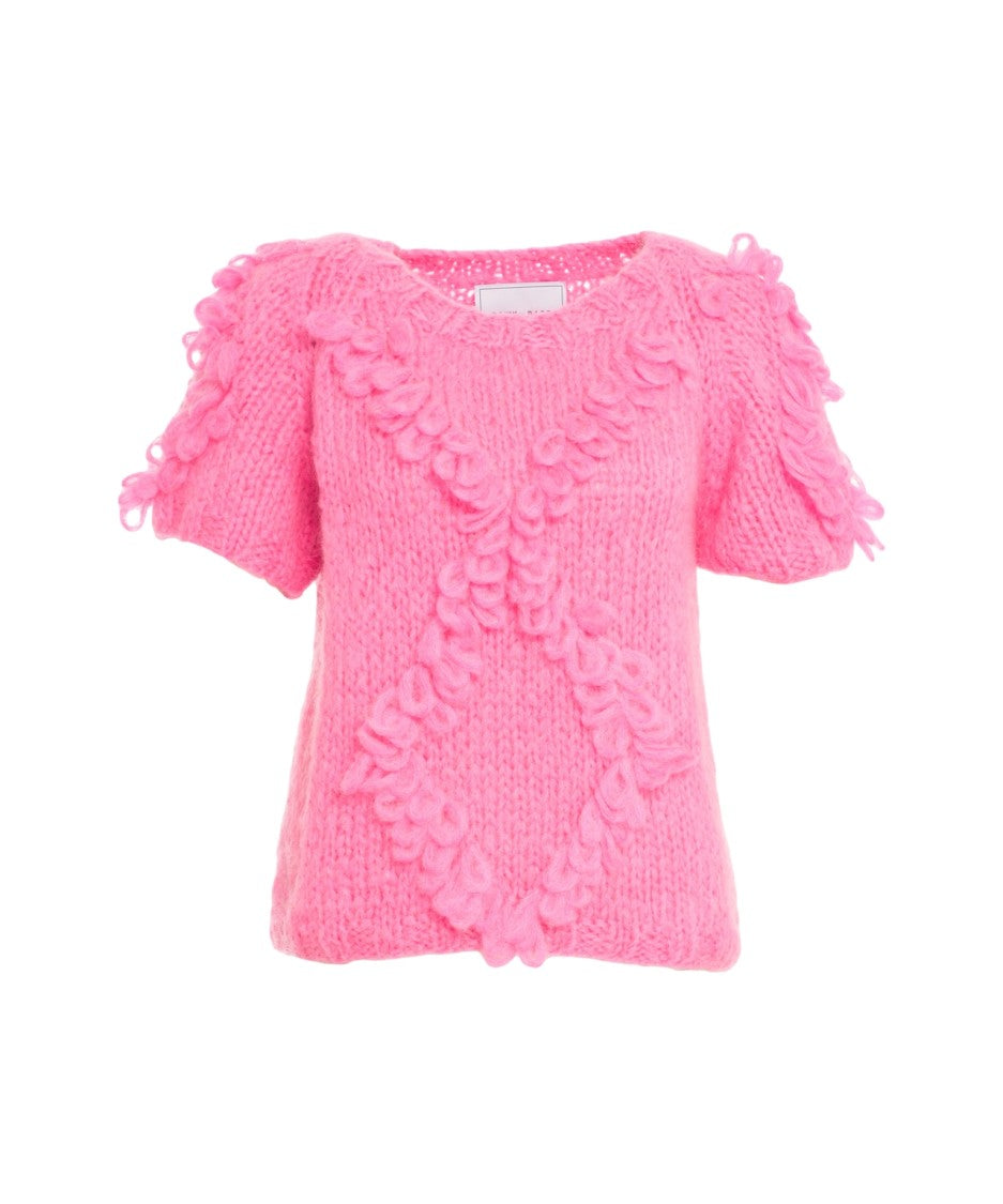 Dawn X Dare Short-Sleeve Ruffled Knit Sweater With Diamond Detailing