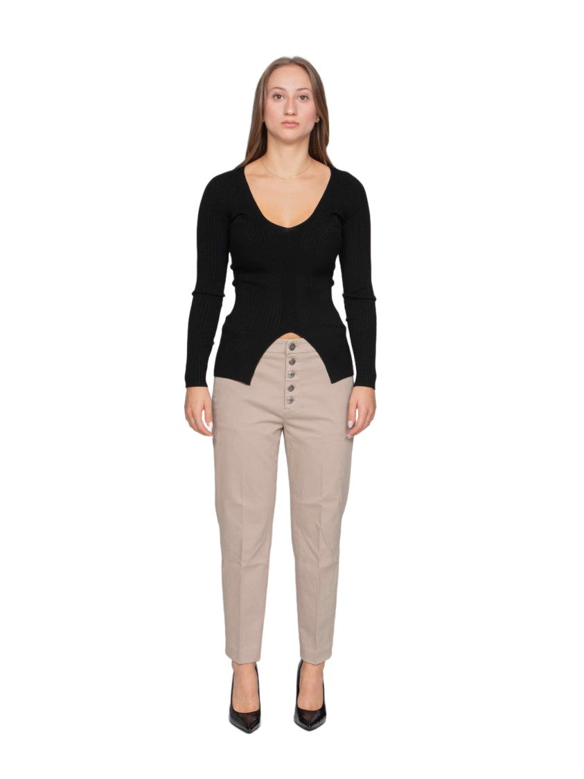 Dondup Fitted Black Top With Deep V-Neckline And Curved Hemline