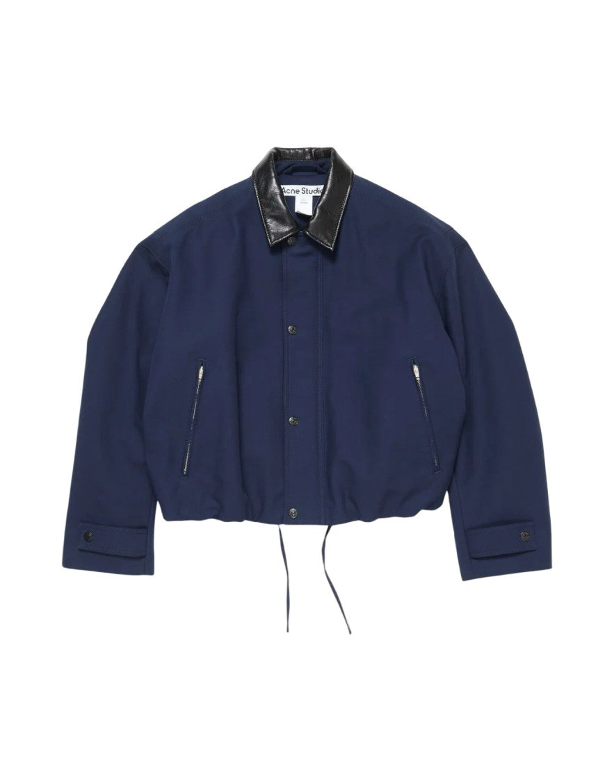 Acne Studios Cropped Dark Blue Jacket With Black Leather Collar