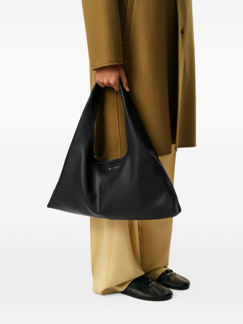 Ami Paris Black Leather Trapezoid Shape Handbag