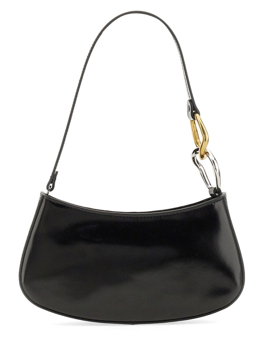 Staud Curved Black Shoulder Bag With Glossy Finish And Chain Accents