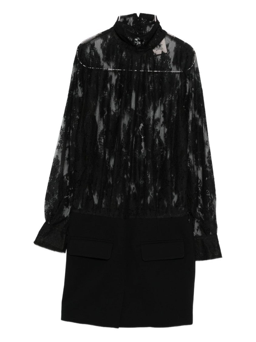 Semi Couture Sheer Lace Bodice Mini Dress With Ruffle Cuffs