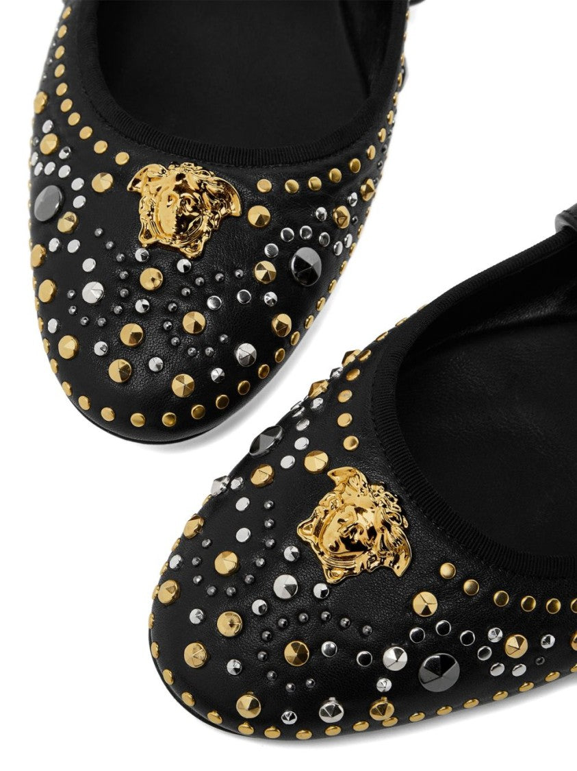 Versace Studded Black Flats With Gold Medusa Detail