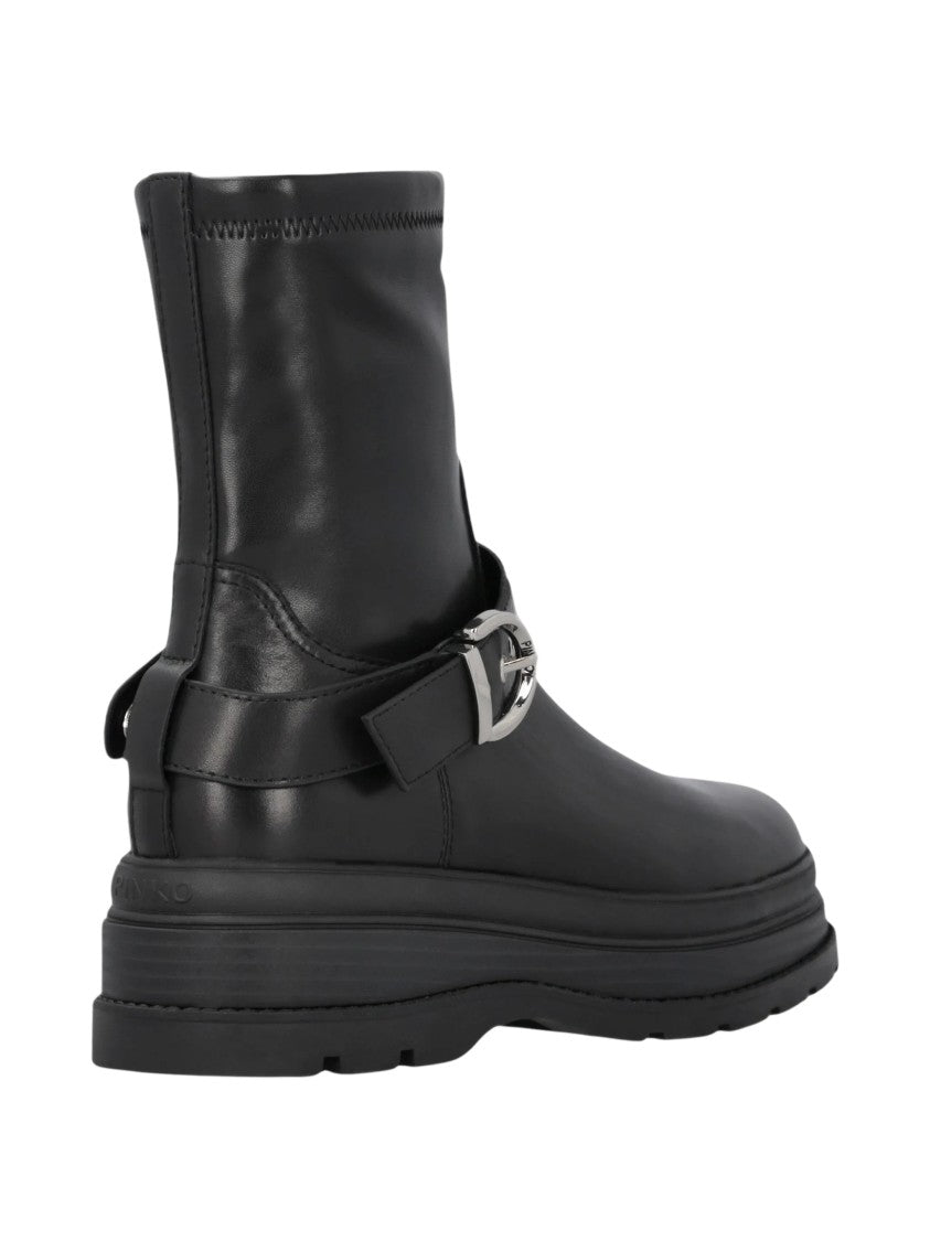 Pinko Ankle Boots With Silver Buckle And Sturdy Sole