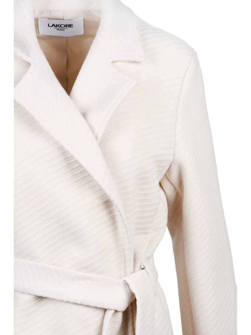 Lakore White Belted Wool-Blend Long Coat