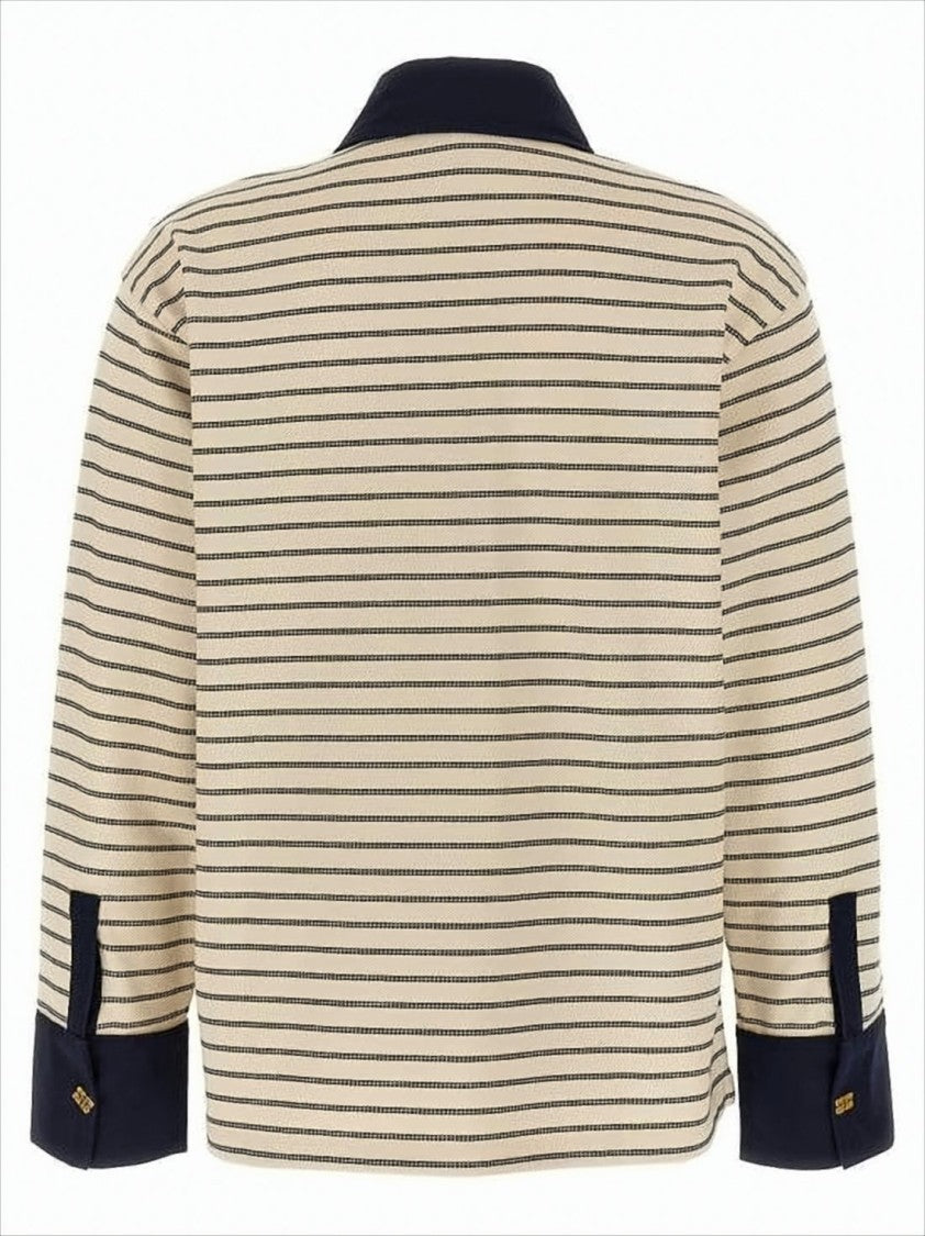 Ganni Boxy Striped Long-Sleeved Top With Gold-Tone Accents