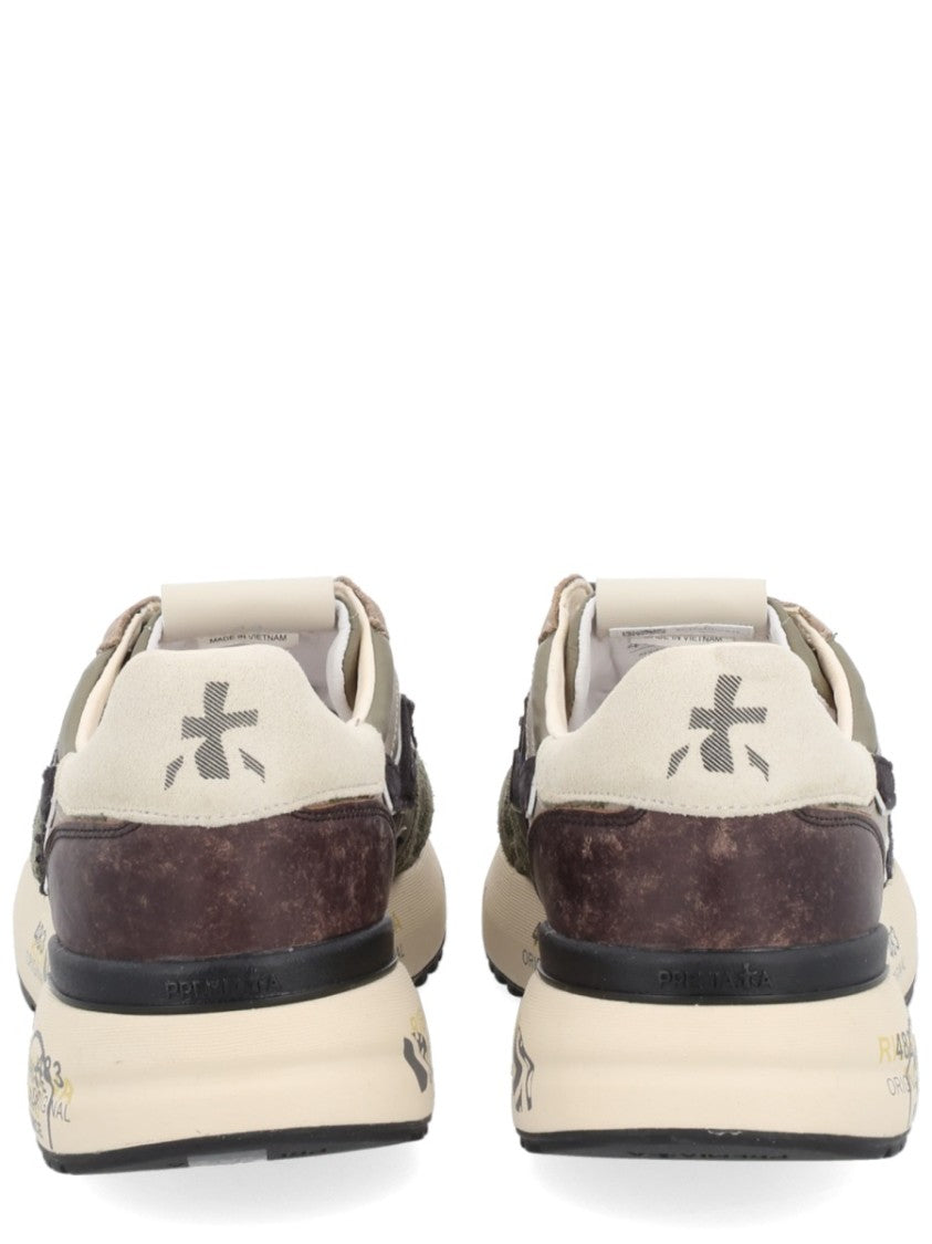 Premiata Textured Green And Beige Sneakers With Bold Accents