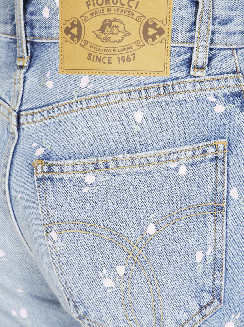 Fiorucci Light Blue Denim Jeans With Subtle Floral Print
