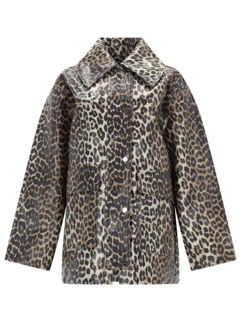 Ganni Glossy Laminated Animal Print Hemp-Blend Jacket